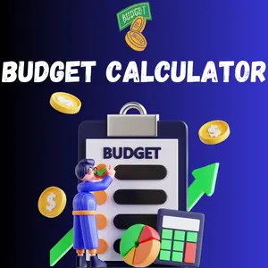 A 3D-style digital image with a budget clipboard, a calculator, and financial symbols.