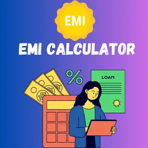 A digital illustration showing a woman using a laptop, with loan documents, a calculator, and cash symbols.