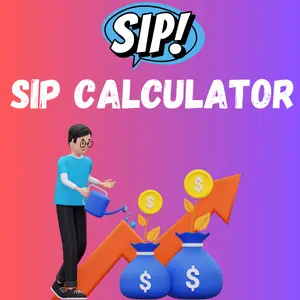 An illustration of a person watering two money bags with dollar signs, showing an upward growth chart and a "SIP!" speech bubble on a purple and red gradient background.